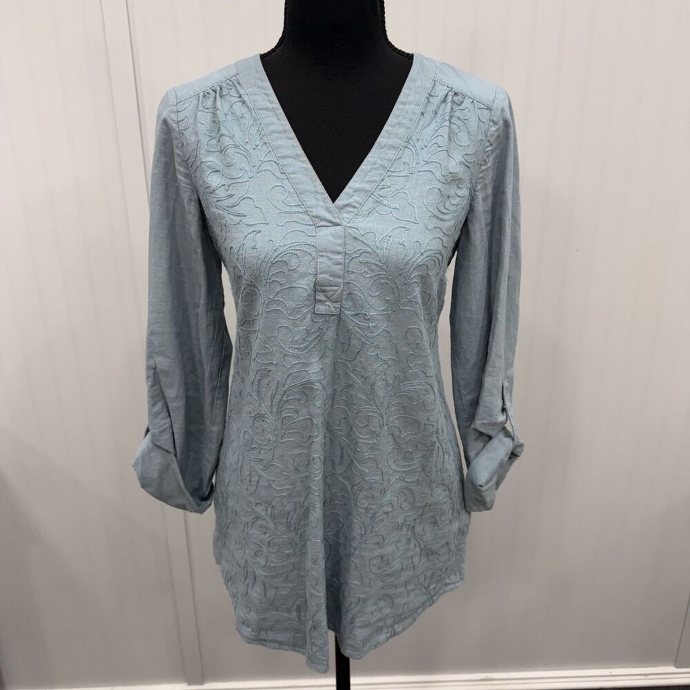 Soft Surroundings Women's XS Blue Linen Blend Embroidered 3/4 Sleeve Tunic Boho